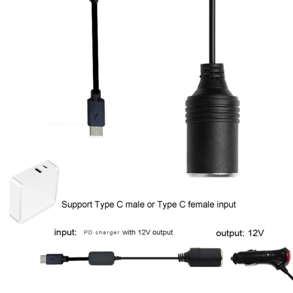 USB-C PD-naaras-uros-liitäntä 12V autotupakansytyttimeen, virran syöttöjännite-näytöllä 12V autojen LED-valoille 60CM 0.07