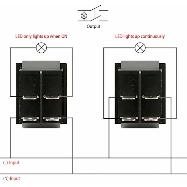 4-Terminal ON/OFF vippekontakt, rødt lys (pakke med 2)
