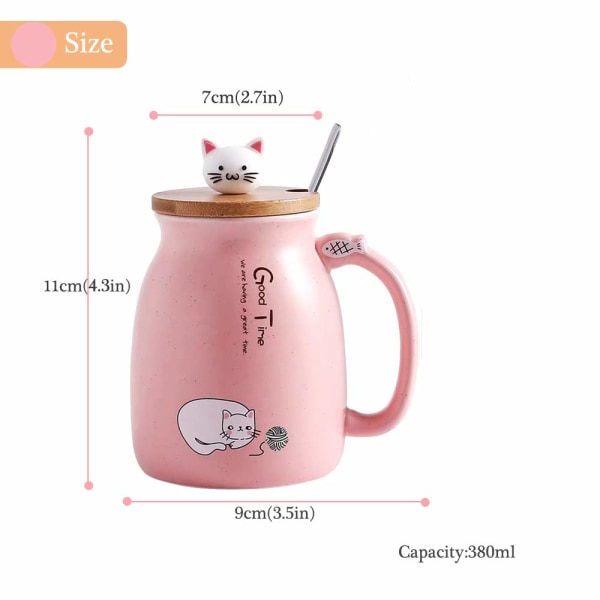 Kattkopp Søt keramisk kaffekopp med nydelig Kitty-lås Rustfritt stål skje, Nyhet Morgenkopp Te Melk Julekopp Gave 380ML (Rosa)