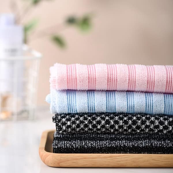 Eksfolierende brusehåndklæde, lang kropsskrubber i nylon/polyesterblanding til dybderensning, ryg og krop, 4-pak, assorterede farver