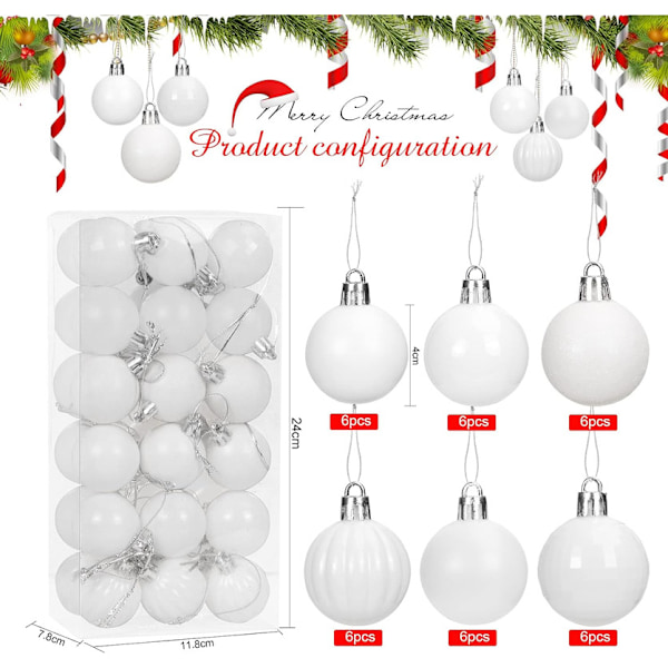 Julgranskulor Vita, 36 stycken, Plastjulgranskulor 4 cm Juldekorationer Prydnader Jul