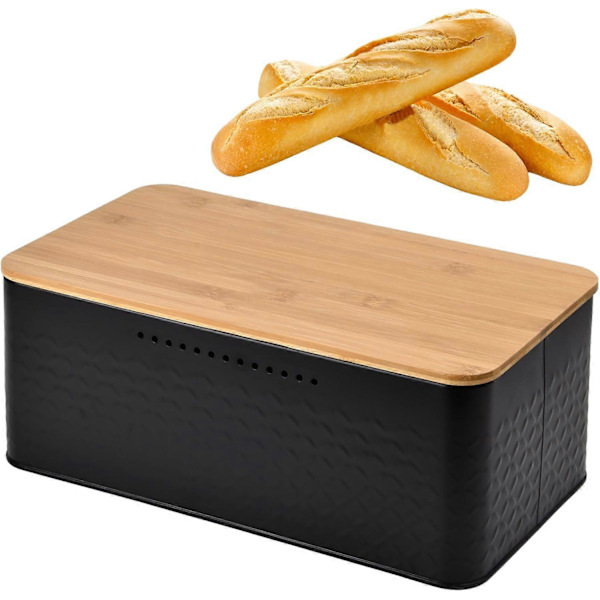 Metal Bread Bin with Bamboo Lid, Can Be Used As Cutting Board, Bread Box, Large Bread Box, 33x18x13.5 cm, Modern Rectangular Bread Box_yux