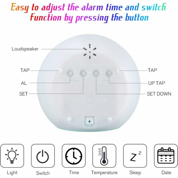Fargerik lysende vekkerklokke med naturlige lyder (blå) hvit