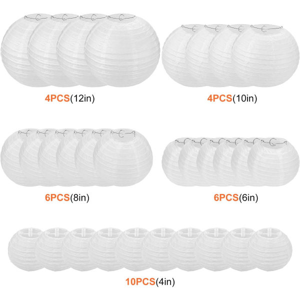 Galaxy 30 stk hvite papirlykter - papirlampion - Utvalg av runde størrelser