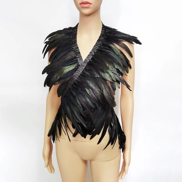 Svart Iriserande Tuppfjäder Sjal Scarf Fjäder Axel Wraps Shrug Punk Gothic Party Halloween Karneval Rave Show Dekoration Svart