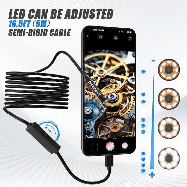 1920P HD Snake Inspection Endoscope, Type C Endoscope, Scope Camera med 8 LED-lamper for Android og iOS Smartphone, iPhone, iPad, Samsung
