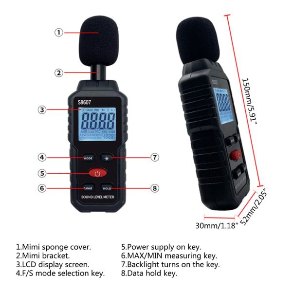 LCD-Skjerm Lydnivåmåler 30-130dB Håndholdt Lyd Støymeter Alarm Digital Noise Meter Desibel Monitor-Test