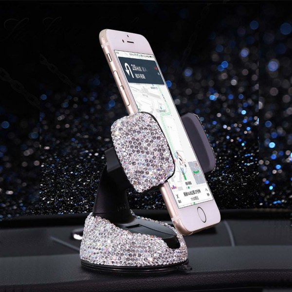 Galaxy Mobiltelefonholder til bil - 360 graders rotasjon & Bling Glitter Strassdekorasjon (hvit)