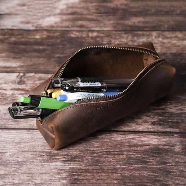 Handgjord pennfodral i äkta läder Kohud Zipper Pouch Penna för Case Box Statio