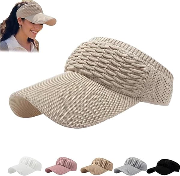 Strikket solskjermhatt for kvinner, åpen topp, bred brem, pustende polyester solbeskyttelse, for løping, golf og strand, beige, 50-56 cm