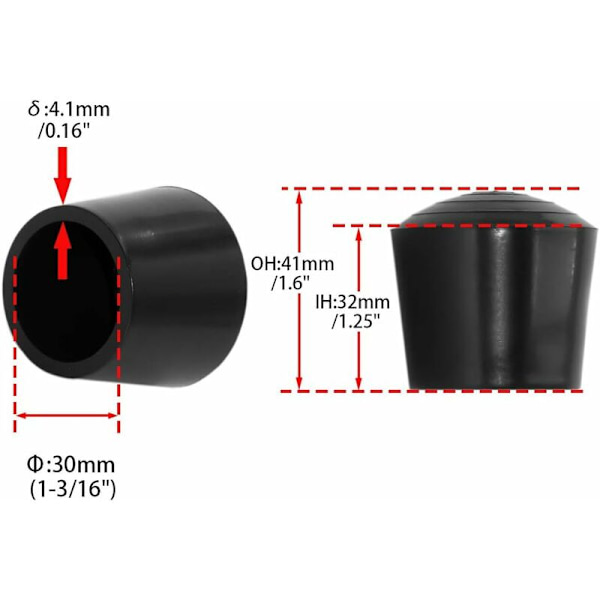Set med 4 runda halkfria stolsbensskydd i syntetiskt gummi 30 mm, 3,0 cm diameter, svart