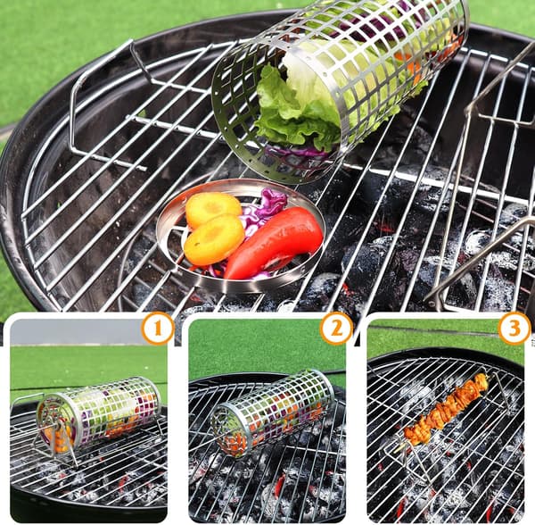 Pyörivä ulkogrilli Pyörivä grillikori vihanneksille, hedelmille, monitoimiset pyöreät grillaustarvikkeet (2 kpl)