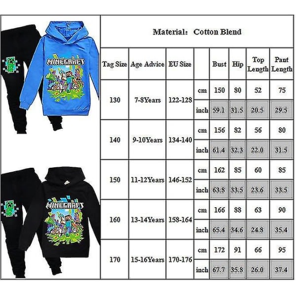 Barn Minecraft Spill Huva Treningsoverall Unisex Sport Hoodie Bukser Outfit Sett Svart 15-16 år