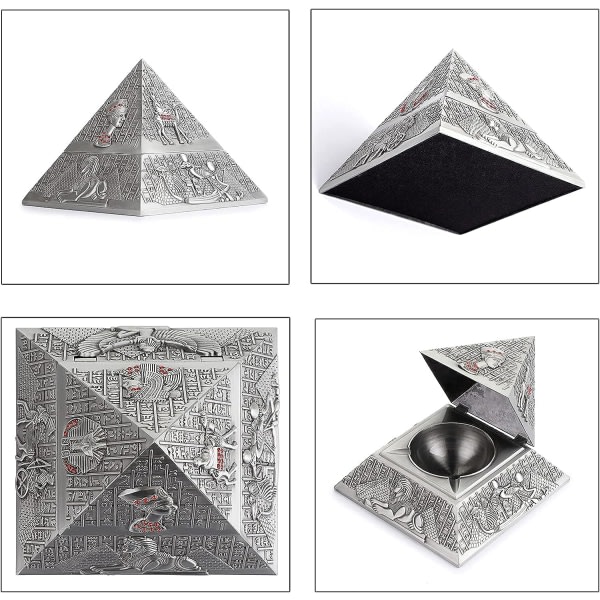 Askfat (silver) retro metallpyramid med vindtätt lock, för inomhusbruk