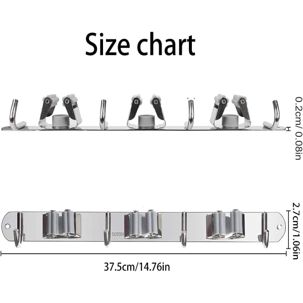 Galaxy Moppkvasthållare Väggmonterad, självhäftande fäste i rostfritt stål (3 ställ 4 krokar)