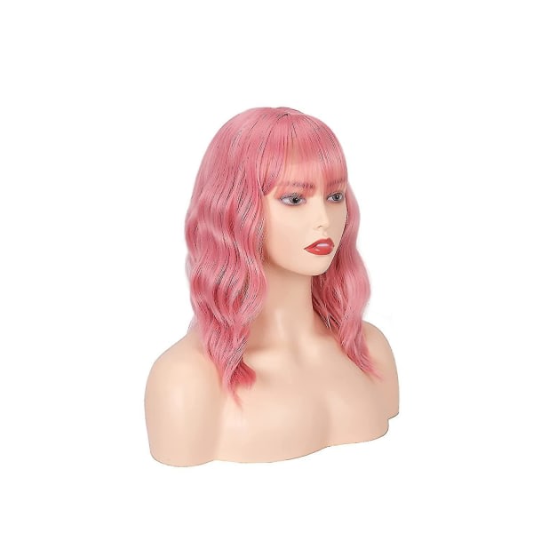 TG 14 tum kort lockigt hårdæmper, rosa peruk med lugg Syntetisk kort vågig peruk for kvinder flickor