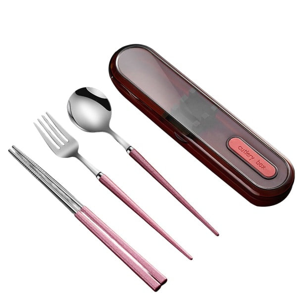 Bestik Sæt Rustfrit Stål Ske/Spisepinde/Gaffel med Opbevaringsboks Rosa