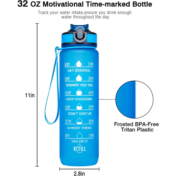 32oz lækagesikker drikkeflaske med tidsmarkør og sugerør Blå 32oz