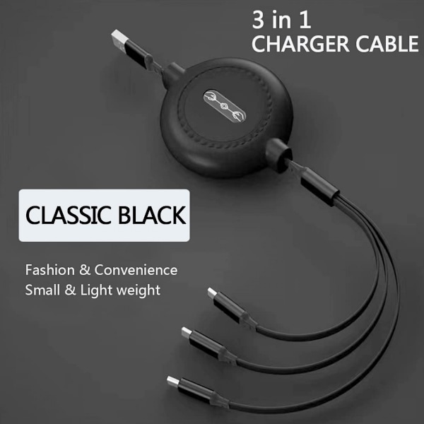 Udtrækkeligt ladekabel, 3 i 1 multi USB hurtigoplader Co