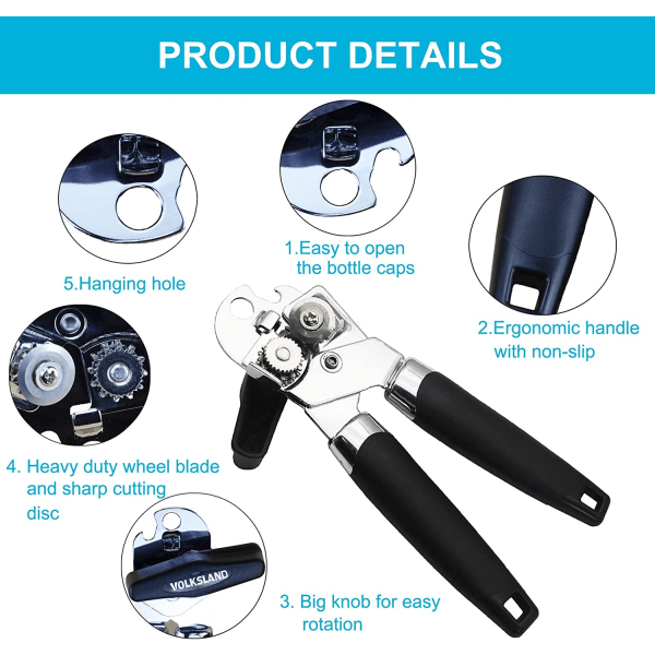Manuaalinen ruostumattomasta teräksestä valmistettu konservinavaaja, jossa on suuri kääntöpyörä ja terävä terä Professional Heavy Duty, Ergonomisesti suunniteltu sileä reuna J