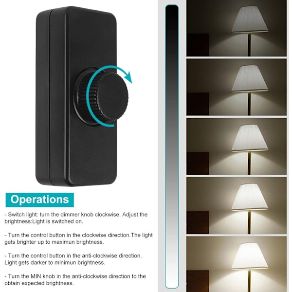 3-100W LED Bakkantsdimmer (Rotationsdimmer), Används för Dimbar LED, Glödlampa, Halogenlampa, 220-240V, CE Plug-in Strömbrytare, Svart