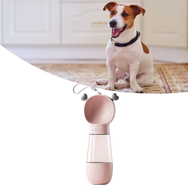 Hundevandflaske med foderbeholder, gennemsigtig HIPS og PET, bred åbning, til gåture, 350 ml + 200 ml, pink