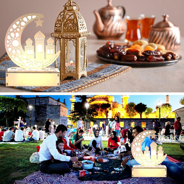 Træ Ramadan Lanterne, LED Lampe med Måne & Stjerne til Eid Mubarak Dekoration e