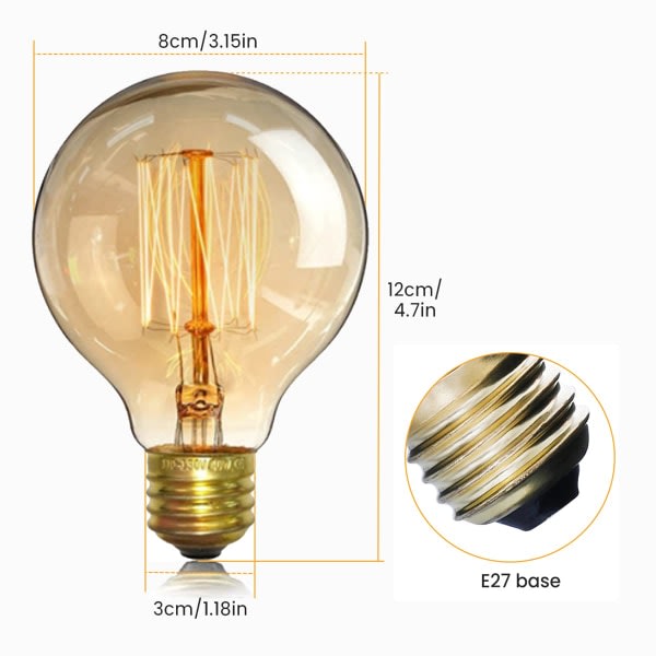 4-pack Vintage Edison Glödlampor - Dimbar Skruvlampa - Glob Glödlampor - Lampa Varmt Ljus 40W G80 E27 220V [Energiklass A]