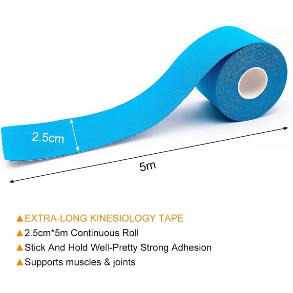 Galaxy Kinesio Tape 2,5 x 5m, Kinesiologisk til muskelskade, selvklæbende fitness - blå Blå