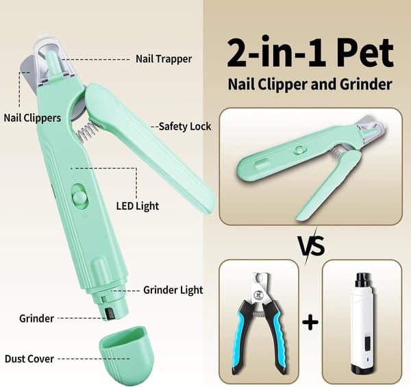 Kæledyrsnegleklipper og fil, 2-i-1 genopladelig trimmer med LED-lys, rustfrit stål, til hunde, katte og små kæledyr, grøn