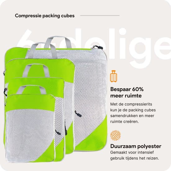 Komprimeringspackväskor 6-pack, 60 % platsbesparande reseorganisatör med skopåse, lätt ripstop-polyester, grön