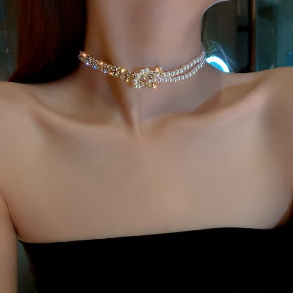 Enkelt sæt med diamantperle patchwork kort choker temperament design betydning halskæde_yux