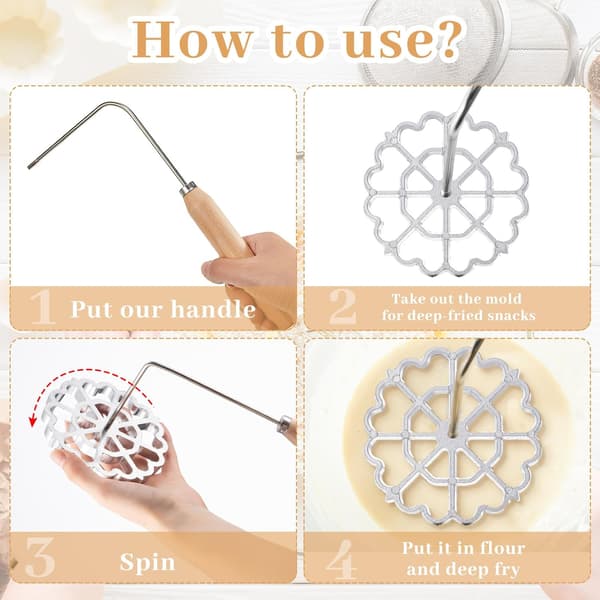 6 stk. Rosettjernsformsett Bunuelosform med håndtak Matlagingsstempel Maker Kit Kakeform Aluminiumlegering Vaffeljern (Tre)