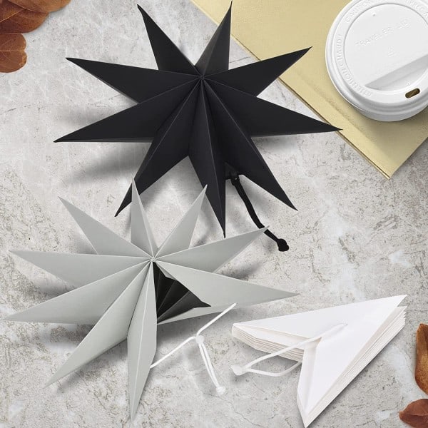 Foldbare stjerner 30 cm 9-punkts julesternesett for juletreet - Hvit Grå Svart 3-delt Y