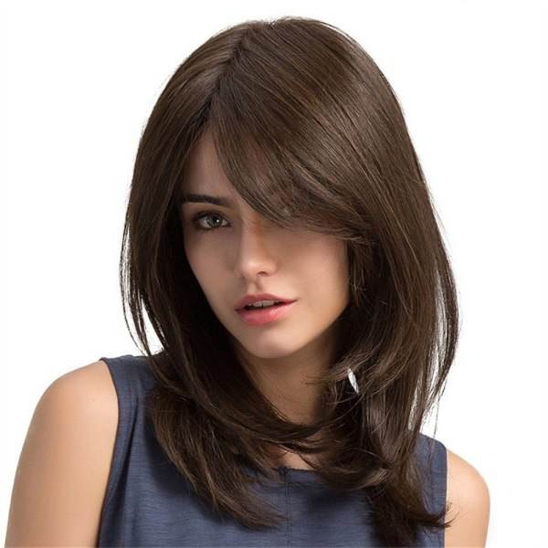 TG Peruk Damperuk Lång Rak Syntetisk Peruk Full Bangs Andas Brun