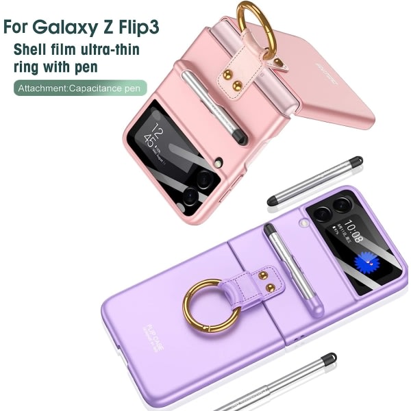 Telefonetui med Ring Flip Cover med kapacitiv pen til Samsung Galaxy Z Flip 3 rosa