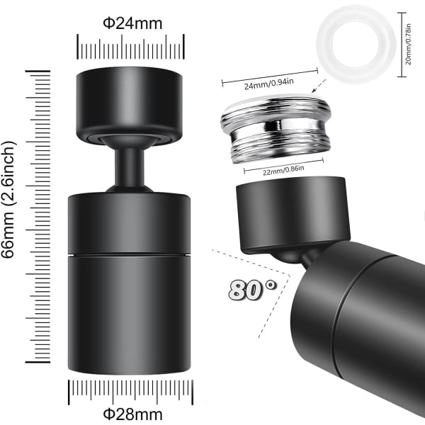 Kranlufter, 360° roterende munnstykke for kjøkkenkran (svart), 2 moduser