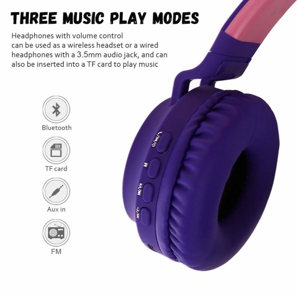 Bluetooth 5.0 Cat Ear-hørlurar Vikbara On-Ear Trådløst stereoheadset (lila) lila
