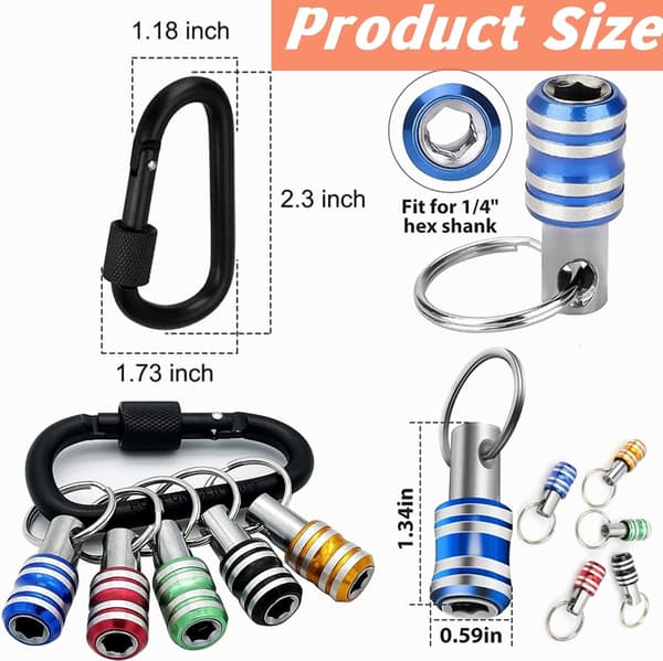 Bitshållarset - Set med 6 - med svart karbinhake och hexagonal haneadapter - 1/4\" hexagonal skaft - Magnetisk bitshållare - Skruvmejselbitshållare