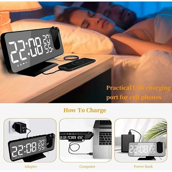 Projektor Väckarklocka med Radio, Digital Klocka, USB Väckarklockradio med Dubbla Alarm och 7 LED Spegeldisplay (Vita Tecken), av DEBUNS