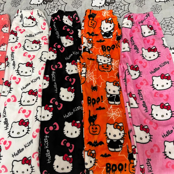 Sanrio Hello Kitty Anime Y2k Kawaii Flannel Pyjamas Dame Warm Woolen Cartoon Casual Hjemmebukser Efterår Vinter Modebukser Black and White XL
