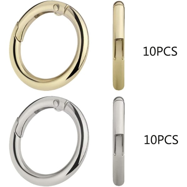 20 stk Runde Snap Kroge, Fjeder Runde Snap Kroge, Fjeder Snap Ring Spænde Zink Legering Nøglering Krog Klemmer til Håndværk og Taske Tilbehør, Guld og Sølv, 32 mm