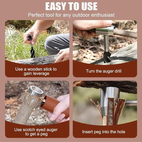 Campinghandsborr för Bushcraft, med läderfodral, träborr, manuell drift, brun
