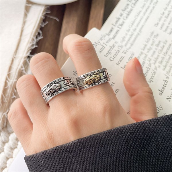 Pixiu-ring för kvinnor för att locka till sig välstånd, europeisk och amerikansk överdriven smyckedesign, nisch retro nationell stil 925 silverring bleknar inte 446 Pixiu (opened on 9th) Adjustable opening