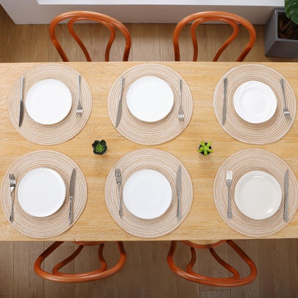 Set med 6 Beige Rund Bordstabletter i Bomull, 38 cm, Tvättsbara Värmebeständiga Köksprydnader BEIgE