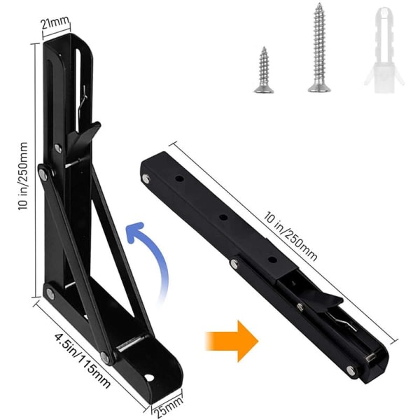 2 stk. sorte beslag - 250 mm rustfrit stål foldbar hylde Support