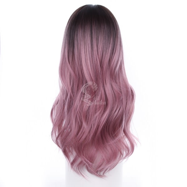 TG Lång rosa og lila lockig peruk for kvinder