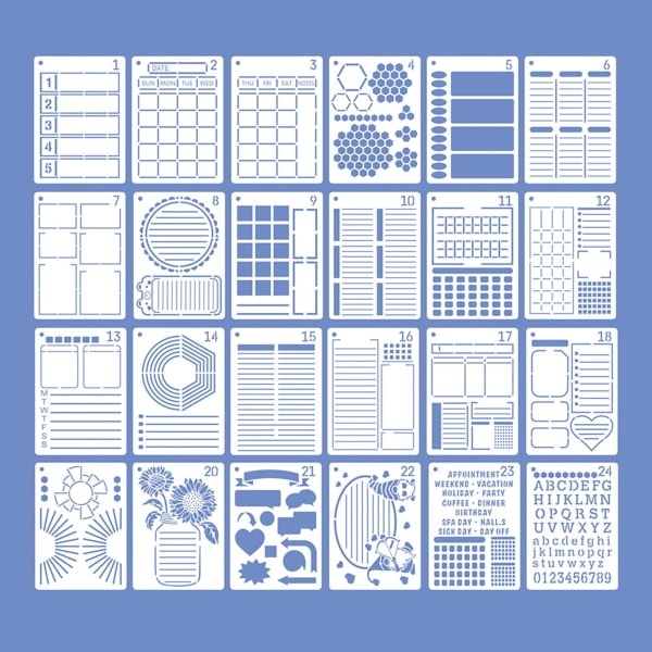 Pilkkukirja Plannerit DIY Mallit Äärimmäinen Tuottavuus Kirja Stencil Kalentereille Listat Kirjaimet Numerot 24 kpl szq
