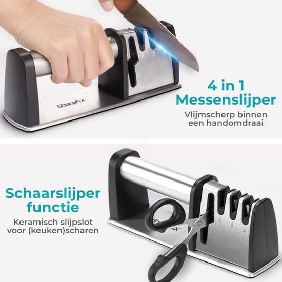 SharpFix 4-i-1 knivslip för köksknivar och saxar, diamant, keramik, volframstål, halkfri bas, svart/silver