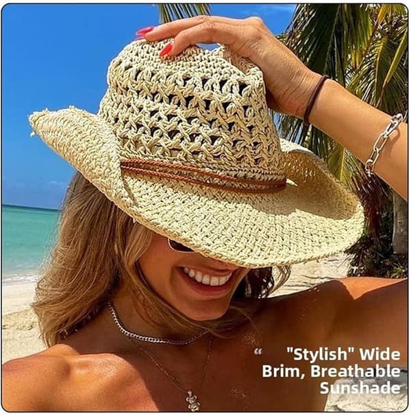 Dame strå cowboyhat håndvævet raffia bredskygget solhat med justerbar vindtæt snor, foldbar åndbar westernhat til strandrejser, beige